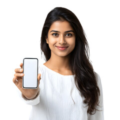 A smiling young woman confidently presents a smartphone, inviting connection and engagement.