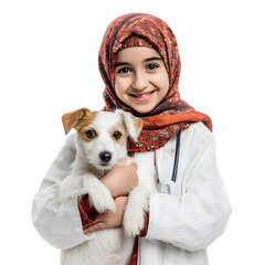 Young aspiring veterinarian embraces a playful puppy with a warm smile, fostering a connection with animals.