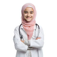 Young girl in hijab and doctor's coat dreams of healing, arms crossed with a stethoscope.
