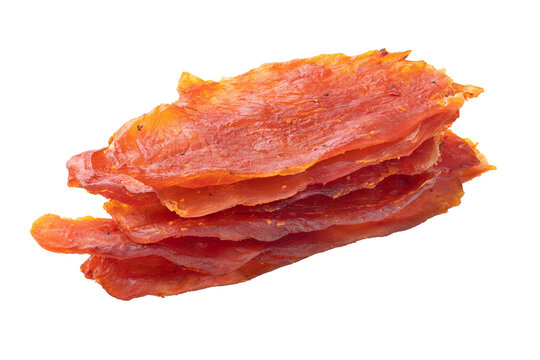 Smoked turkey meat lying in a stack in the form of slices isolated on a white background, meat with a long shelf life.