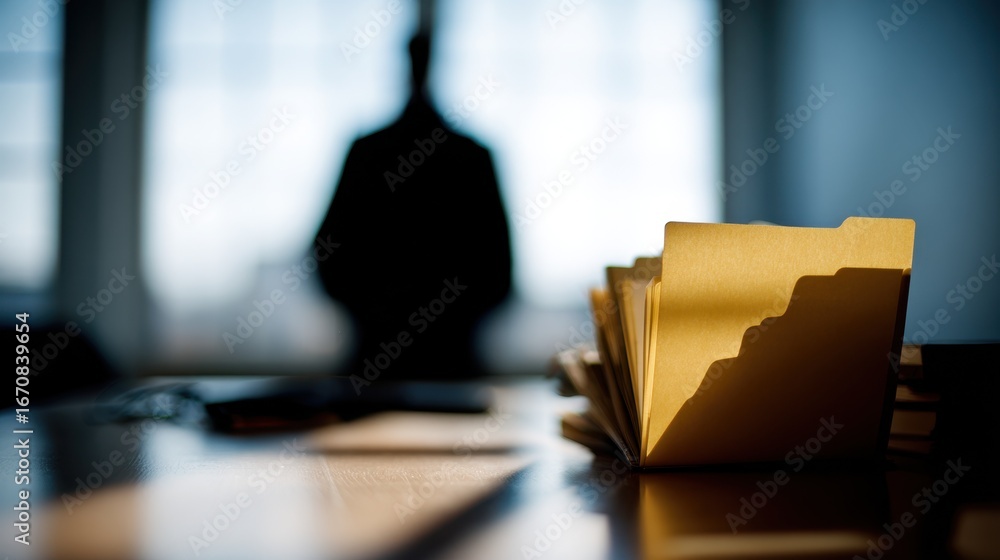 Poster medium shot of a secure file folder labeled for privacy requests in sharp focus with a blurred silho