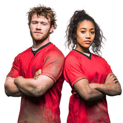 Determined athletes with arms crossed, ready for competition.
