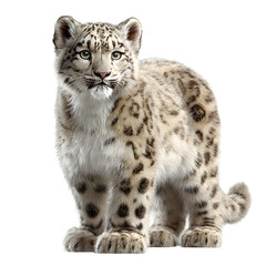Majestic snow leopard cub with striking markings stands alert against a white background.