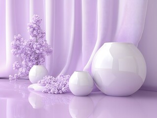 Obraz premium Lavender Lilac Flowers in White Ceramic Vases Minimalist Still Life Photography