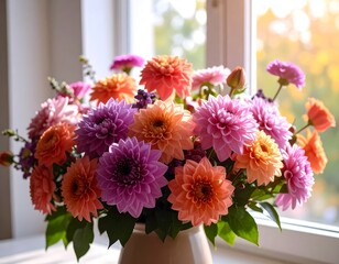 Vibrant bouquet of dahlias in a vase