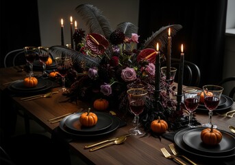 Gothic moody table setting for Halloween dinner party. image for high-end event planners, interior design blogs, chic and spooky aesthetic for autumn celebration.