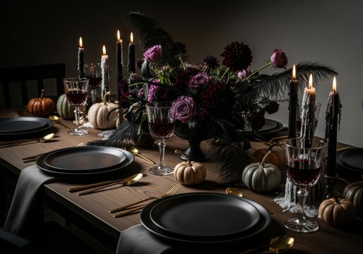 Gothic moody table setting for Halloween dinner party. image for high-end event planners, interior design blogs, chic and spooky aesthetic for autumn celebration. - Powered by Adobe