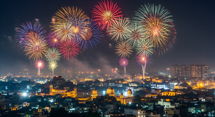Spectacular Colorful Fireworks Exploding Over a Vibrant City Skyline at Night, Illuminating the Urban Landscape During a Festive Celebration