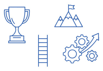 Success Icons Trophy, Mountain Peak, Ladder, Gears on Space Nebula Background