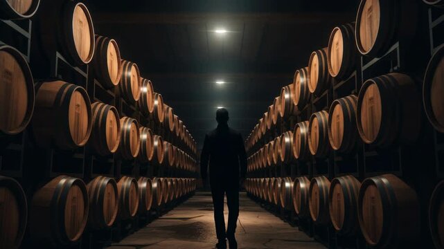 Wide-angle shot of a dimly lit wine cellar with rows of wooden barrels, creating a vintage atmosphere perfect for a video backdrop. Live desktop wallpaper.