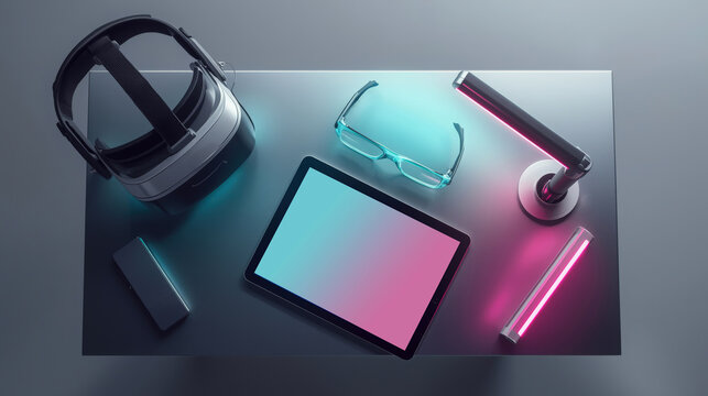 Modern Tech Workspace: VR Headset, Tablet with Data Analytics, Stylish Desk Lamps, and Glasses.