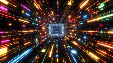 Naklejka premium Abstract Neon Light Tunnel Speed Lines Data Stream
