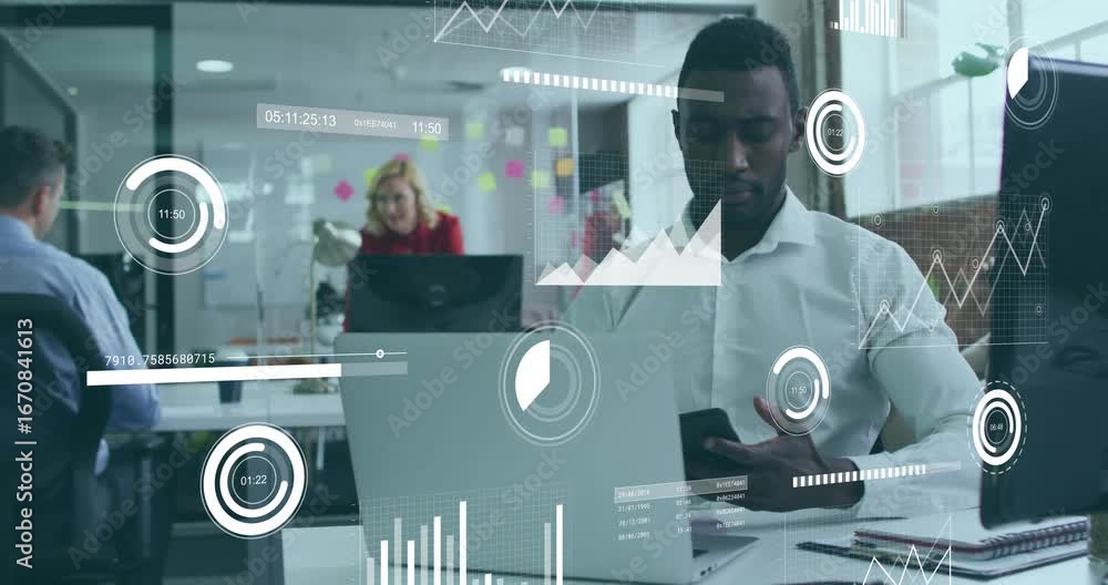 Poster male worker in office scrolling data and placing call for business update with shifting hud charts
