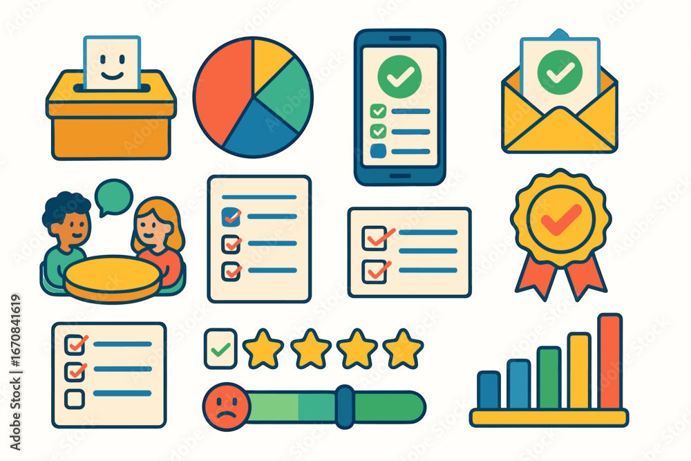 Poster survey and feedback icon set. flat icons for analysis and data collection
