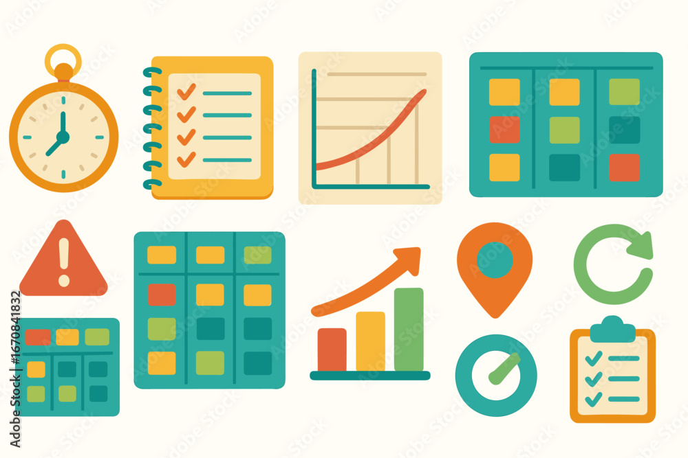 Poster project management, productivity, time tracking flat icon set. workflow icons collection.