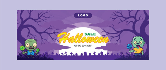 Halloween sale banner with cartoon zombies, tombstones, and moonlit background.