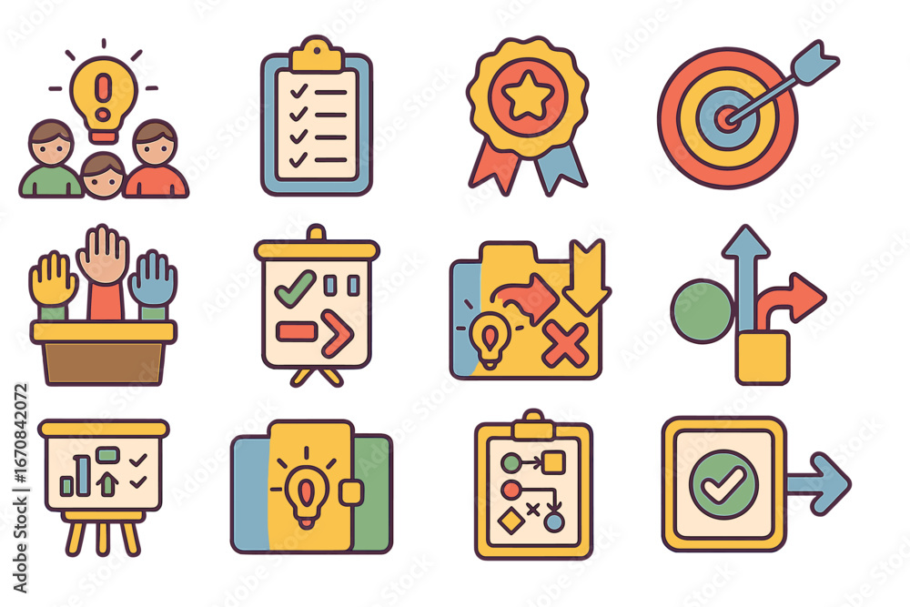 Poster project management linear icon set. efficiency and teamwork icons in line style