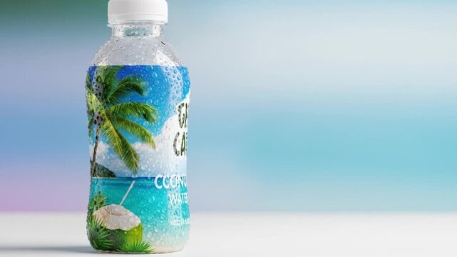 Coconut water bottle with beach image, dew drops, on light surface