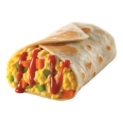Delicious Breakfast Burrito with Scrambled Eggs Peppers Carrots and Ketchup on White Background Studio Shot