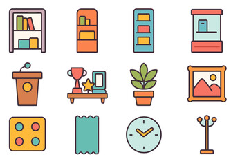 Fototapeta premium Library and office flat icon set. bookshelves, plants, clocks, and more