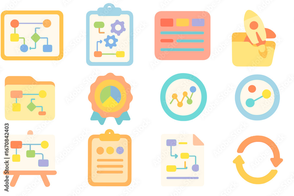 Poster data science flat icon set. analytics, visualization, and tech symbols collection