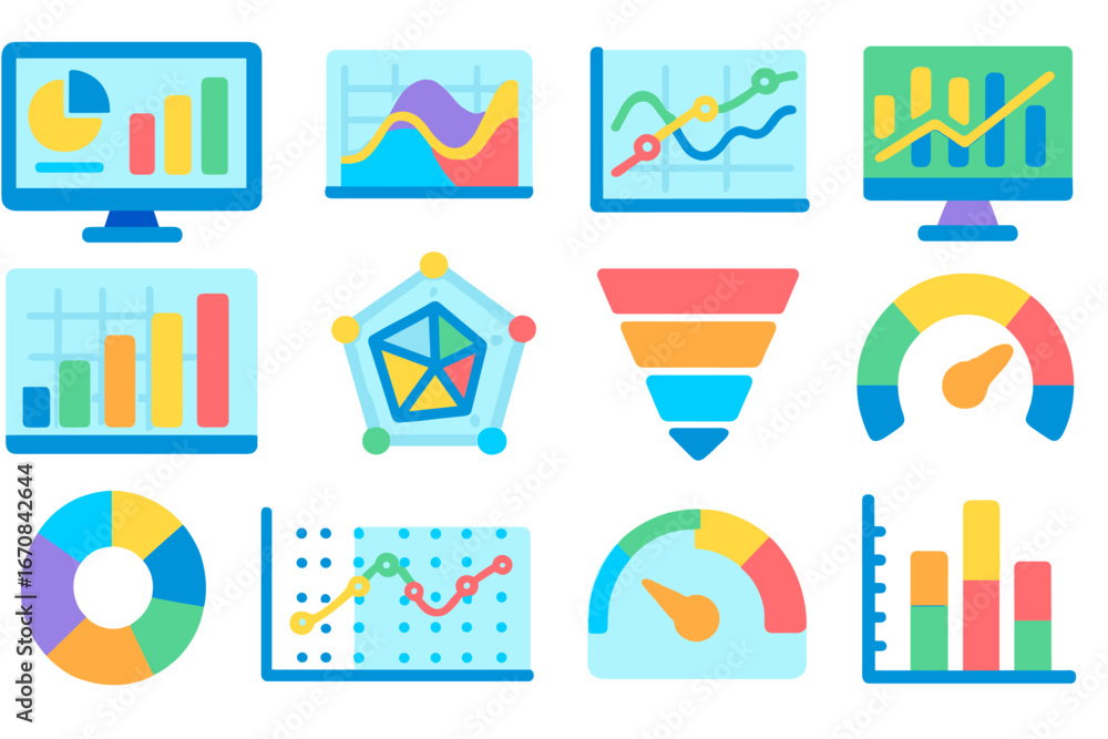 Poster business analytics icon set. 3d charts, graphs, and data visualizations collection