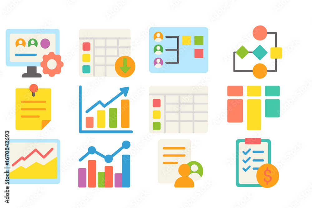 Poster business and data analysis flat icon set. charts, reports, and workflow icons collection