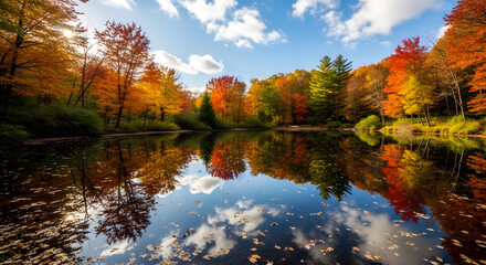 Fototapeta premium Serene waters reflecting autumn's fiery hues and cerulean skies, creating a picturesque landscape evoking tranquility and the vibrant beauty of the changing seasons capturing a timeless moment in
