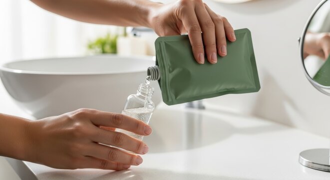 Womans hands pouring liquid soap, oil, serum from eco-friendly refill pouch into reusable glass bottle. Trend of sustainable beauty, zero waste, and conscious consumerism for cosmetic brands promoting