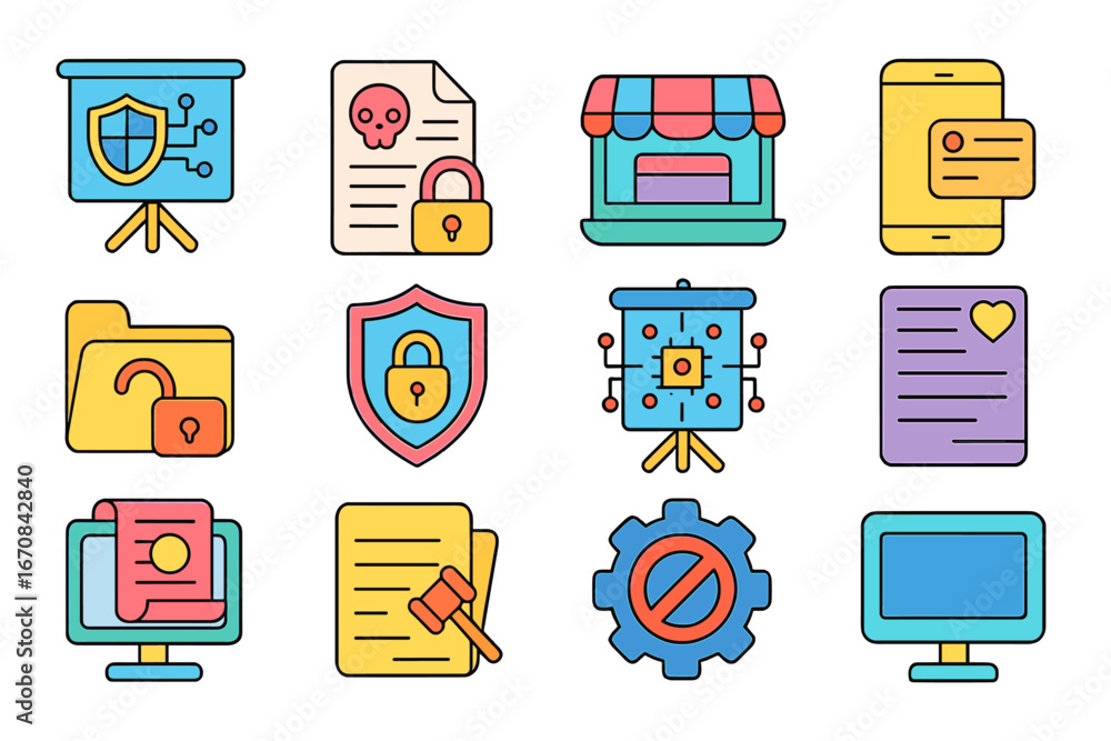 Poster cybersecurity and data protection flat icon set. secure technology graphics.
