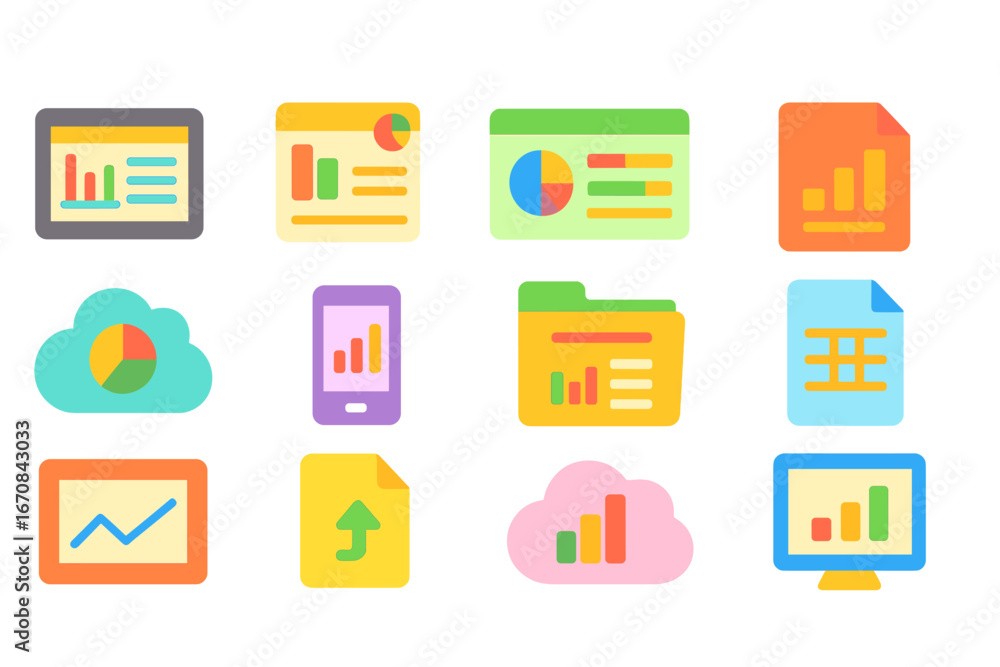Poster data and analytics flat icon set. chart, graph, report symbols in flat style
