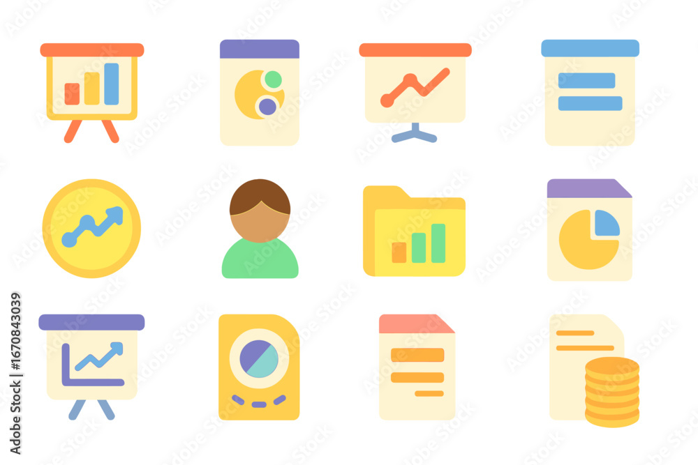 Poster data and analytics flat icon set. charts, graphs, and statistic icons collection