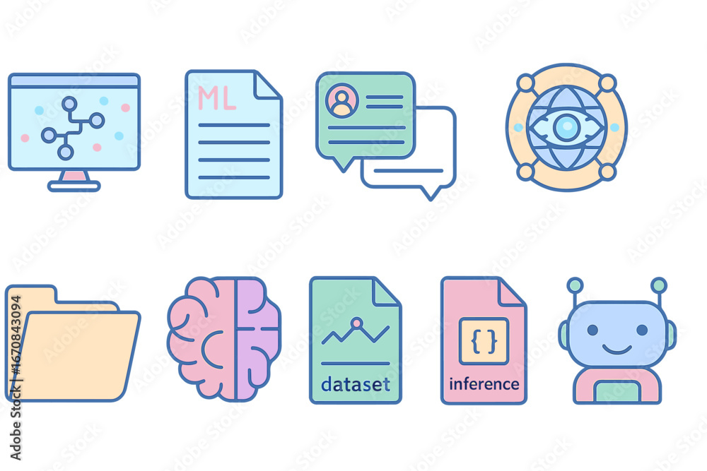 Poster technology and ai silhouette icon set. machine learning, data analysis symbols