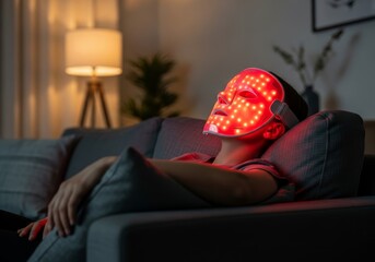 woman on sofa in candle-lit room with red LED light therapy mask. Skincare routine, at-home spa treatment and self-care. futuristic device for skin rejuvenation, anti-aging, collagen stimulation