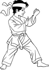 karate kid line vector illustration isolated on white background