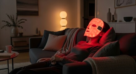 Fototapeta premium woman on sofa in candle-lit room with red LED light therapy mask. Skincare routine, at-home spa treatment and self-care. futuristic device for skin rejuvenation, anti-aging, collagen stimulation