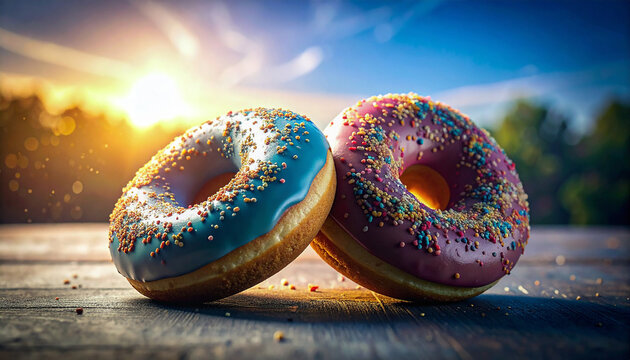 Two Delicious Donuts With Colorful Sprinkles On A Wooden Table At Sunset.