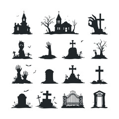 Halloween spooky graveyard silhouettes for festive designs. Halloween vector illustration