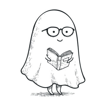 Ghost character reading a book in a playful design for kids. Halloween vector illustration
