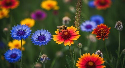 Bee Pollinating a Vibrant Flower Garden in Spring