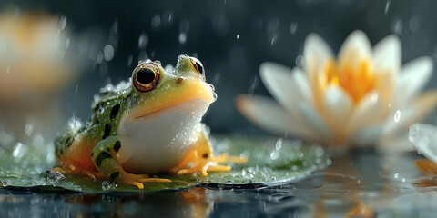 Cute frog sitting on a lily pad in the rain with water lily