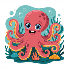 playful smiling octopus with wavy colorful tentacles vector art isolated on white background