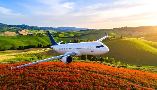 Airplane landing Tuscany sunset.