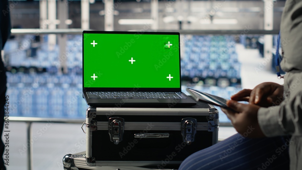 Poster it coworkers monitors server farm activity using isolated screen laptop. data center engineers revie