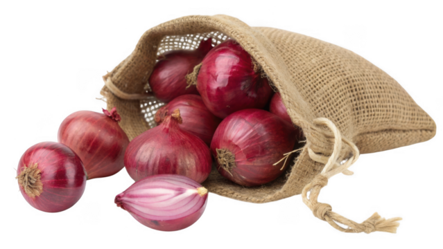 Fresh red onions spilling out of a burlap sack isolated on transparent background