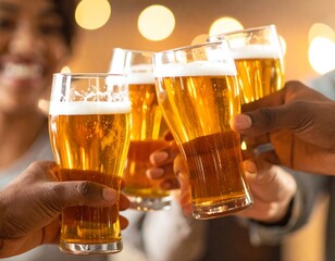 Friends toasting beer with pub, and night.