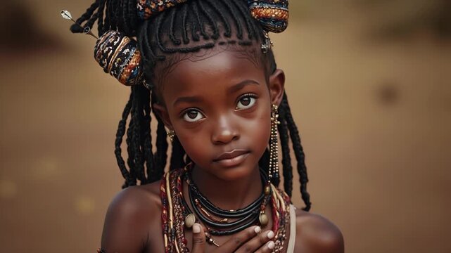 With quiet confidence, a young girl from an African tribe gently touches her traditional beaded necklace. A powerful and symbolic gesture of pride, identity, and the beauty of cultural heritage.