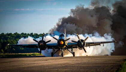 Powerful Four Engine Propeller Airplane Starting Up on a Runway.