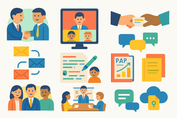 Business, communication flat icon set. teamwork, network, meeting icons flat collection