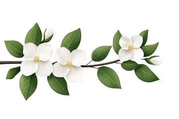Obraz premium White flower with green leaves is on a branch, isolated